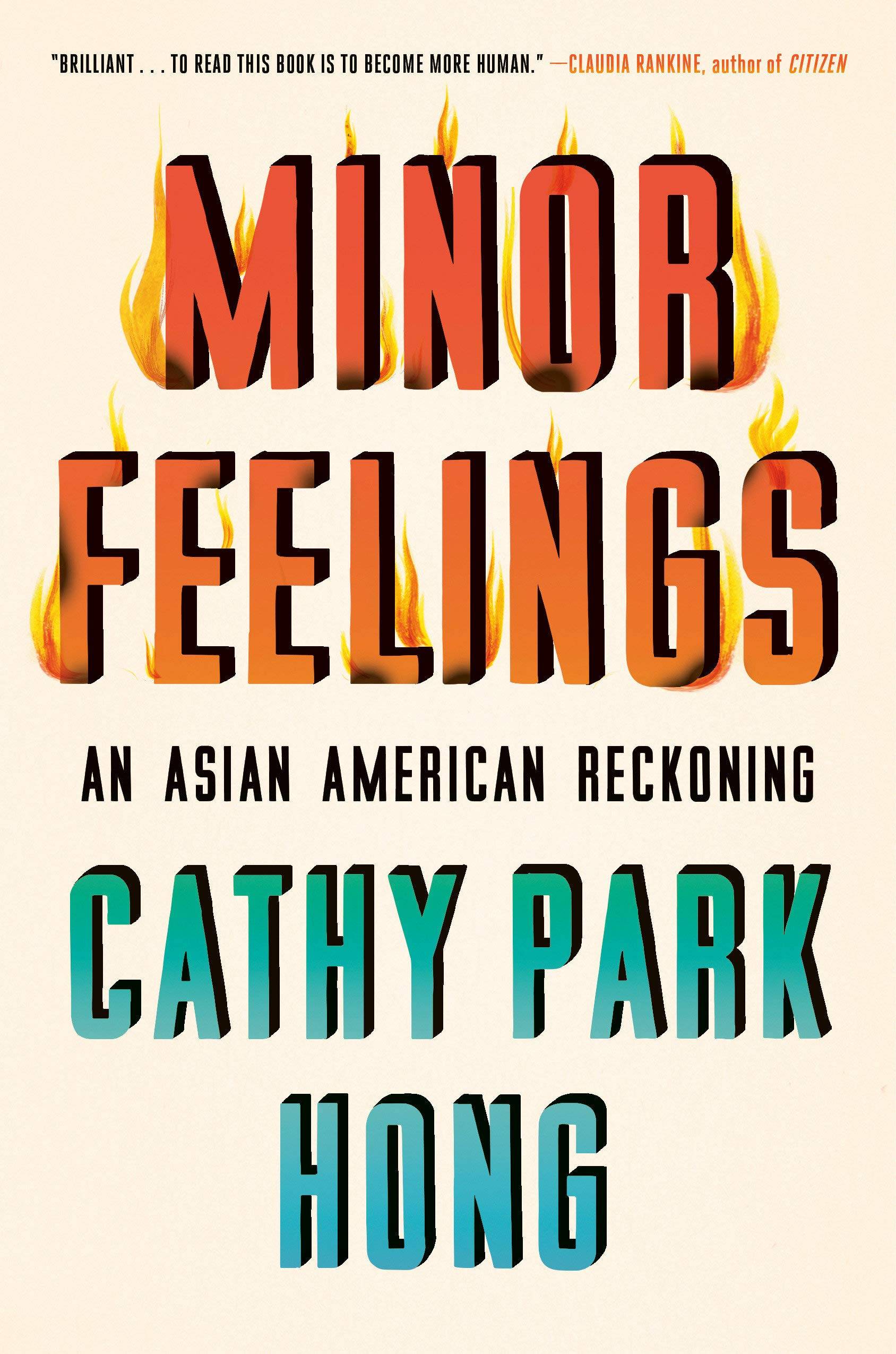 White "Minor Feelings" book cover with orange title text in flames.